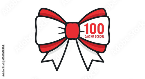 A vibrant red and white bow graphic displays 100 days of school text presenting a celebratory school milestone silhouette high quality