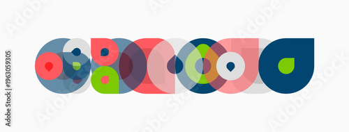 Abstract colorful circles overlap forming horizontal pattern. Simple design, modern aesthetic, bright hues present.