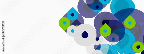 Abstract circles overlap, creating vibrant blue, green, purple hues. Minimalist design with significant negative space. Modern, clean aesthetic.