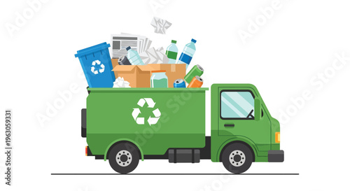 A green recycling truck is shown overflowing with various waste materials depicting environmental concerns as a silhouette high quality professional detailed