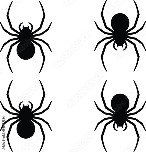 Black spider silhouettes in symmetrical grid pattern, isolated arachnid vector illustration for Halloween, biology, nature, and design themes