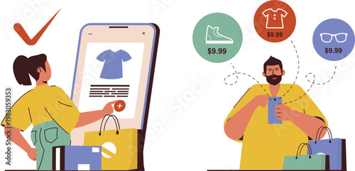 People shopping online for affordable clothing items and accessories through their mobile devices happily