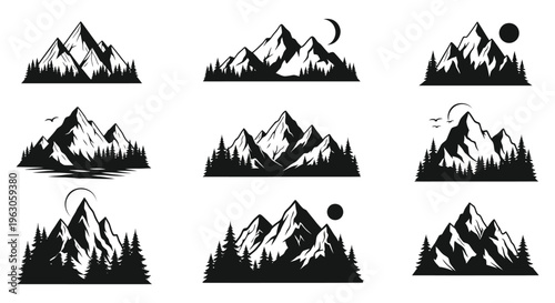 A collection of nine black mountain scenes with varying compositions featuring trees water and celestial elements silhouette high quality professional detailed