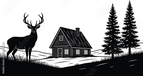 Deer with antlers near rustic cabin and evergreen trees, vector illustration for wildlife, forest, nature, and design themes