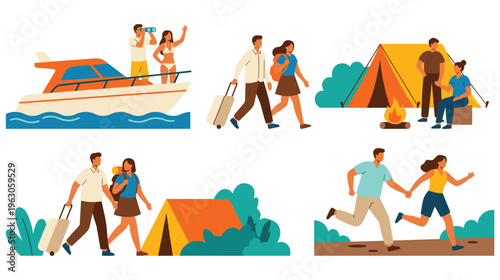 Couple travel activities set with boating camping and hiking scenes.