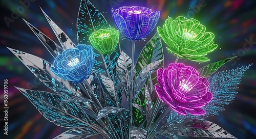 Vibrant digital flowers displaying futuristic design against dark background