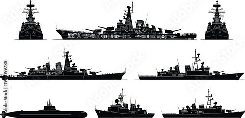 Naval vessel silhouettes including warships, destroyers, frigates, and submarine, military ship vector illustration for defense and design themes