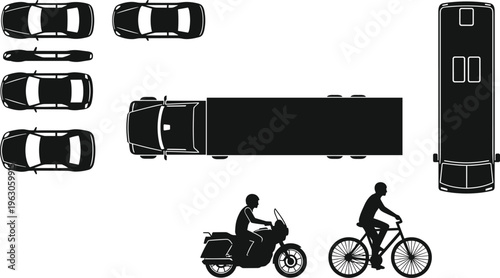 Vehicle silhouettes including cars, truck, bus, motorcycle, and bicycle, transportation vector illustration for travel, traffic, and design themes