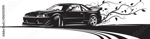 Black car drifting on road with leafy vehicle sports car