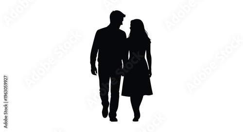A couple stands closely together facing each other depicted as a stark black shape against a white background silhouette high quality