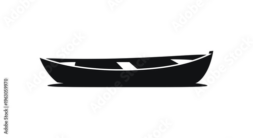 A stark black silhouette of a small simple rowboat centered against a plain white background emphasizing form silhouette high quality professional