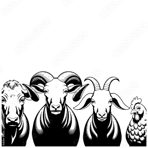 Close-up of farm animals' faces; from left to right, portraits of a sad cow, ram, goat, and chicken. Vector, black outline without fill, flat art style