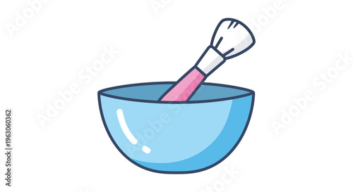 Cartoon makeup brush in blue bowl in playful colorful lighting for beauty advertising