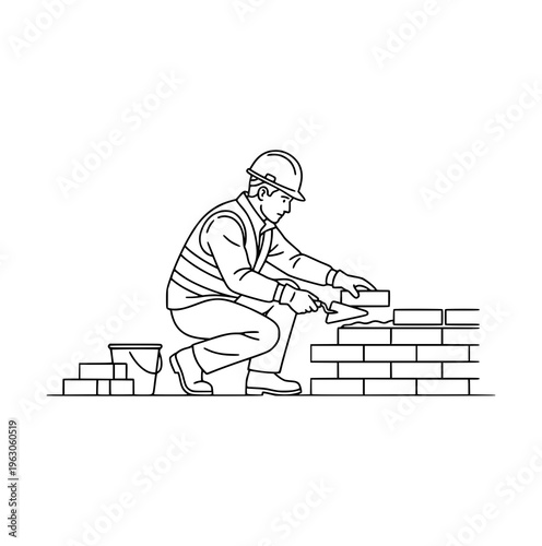 Bricklayer Laying Bricks Line Art Vector Illustration, Construction Worker Building Wall Outline, Minimal Clean Design