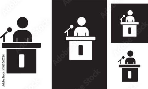 Variations of a person speaking at a podium with a microphone.