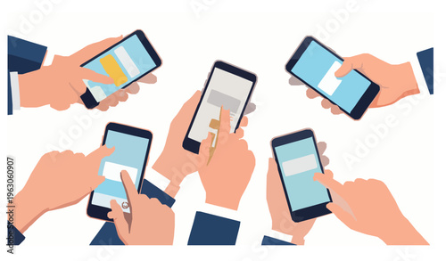 Hands tapping mobile phone screens flat vector illustration