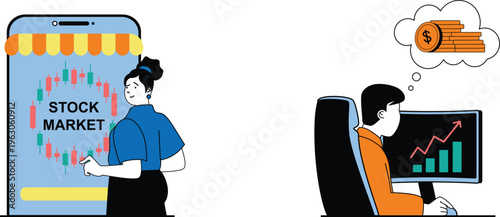 A woman checking stock market trends on her phone while a man analyzes financial graphs on his computer screen