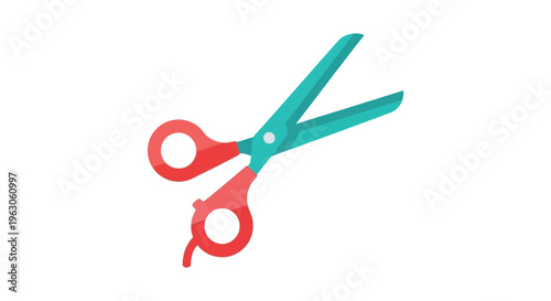 Colorful scissors with red handles and green blades on white background in minimalistic style for crafting