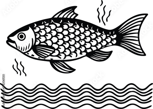Simple black and white illustration of a fish swimming in water