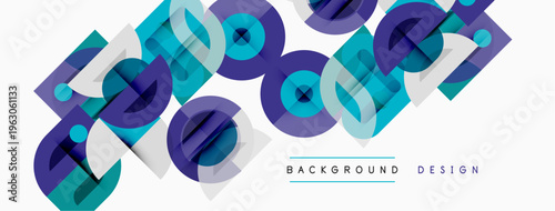 Abstract geometric shapes overlap, creating vibrant pattern. Blue, purple hues dominate design. Minimalist style, modern aesthetic.