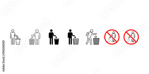 Waste disposal icon set with 7 elements, littering and recycling symbols, keep clean signage for public spaces and environmental awareness