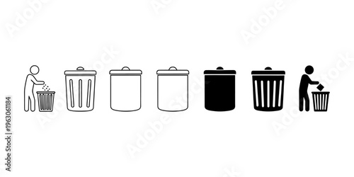 Minimalist trash bin icon set, black and white garbage can symbols, waste management pictograms for recycling and disposal signage