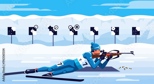 Biathlete lying prone on snow aiming rifle at targets during winter competition