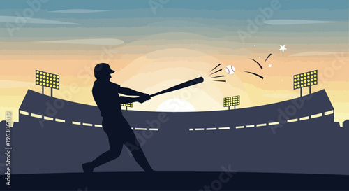 Baseball Player Silhouette Swinging Bat at Sunset Stadium Lights Crowdless Game