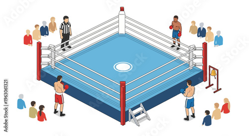 Boxing Match Competition Ring with Fighters, Referee and Spectators