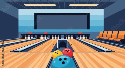 Bowling Alley Interior with Bowling Balls on Lane Ready for Game