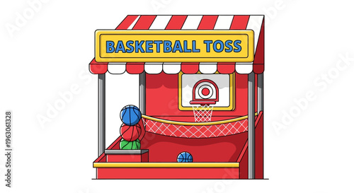 Carnival Basketball Toss Game Stall with Balls and Hoop - Vector Illustration