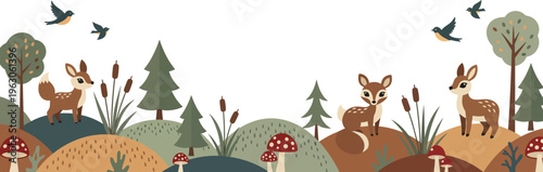 Whimsical forest scene with deer and birds in a natural setting with trees and mushrooms present