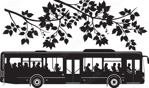 Black silhouette of a bus with people under a tree branch