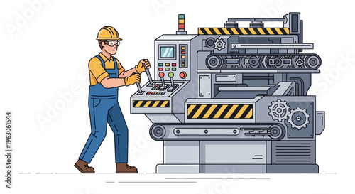 Factory worker operating heavy industrial machinery in a modern manufacturing plant.