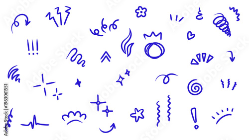 Hand-Drawn Blue Doodle Vector Collection on White Background: Arrows, Stars, Hearts, Swirls, Crowns, Lightening Bolts, Sunbursts and Other Sketchy Line Art Elements. Transparent.