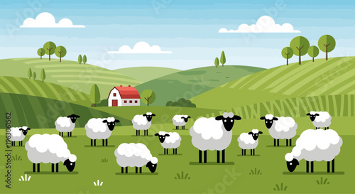 Fluffy Sheep Grazing on Green Rolling Hills with Farmhouse in Scenic Countryside Landscape