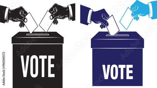 Voting process illustration with ballot box and two hands