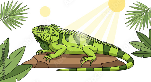 Green Iguana Sunbathing on Rock Amidst Tropical Leaves and Sunlight