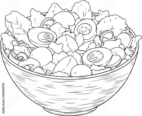 A fresh bowl filled with leafy green lettuce and sliced boiled eggs for a healthy meal isolated on transparent background, Vector, illustration