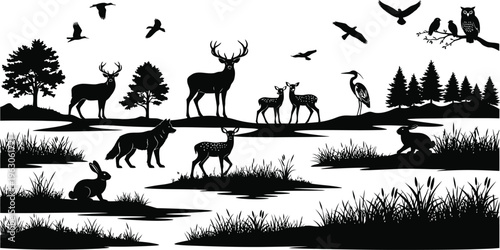 Black and white forest landscape with deer birds and trees in silhouette on water background