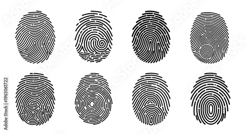 Set of 8 Unique Fingerprint Icons - Identity, Security, Biometric Authentication