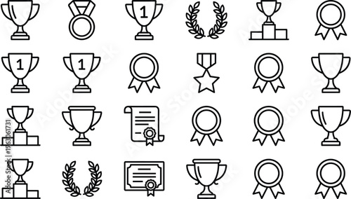 Collection of twenty-four black outline vector award icons featuring trophies medals certificates laurel wreaths and podiums isolated on white background for achievement design