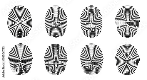 Set of Fingerprint Icons, Biometric Security, Identity Verification, Digital Signature, Personal Data Protection