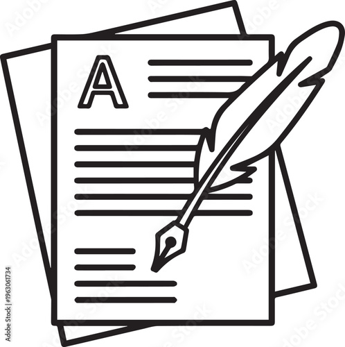 Old fashioned paper document marked with letter a and resting next to a quill pen isolated on transparent background, Vector, illustration