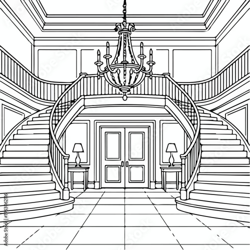 Luxury Mansion Grand Foyer Black and White Line Art Design with Dual Staircases Chandelier and Elegant Entrance Hall Vector Illustration