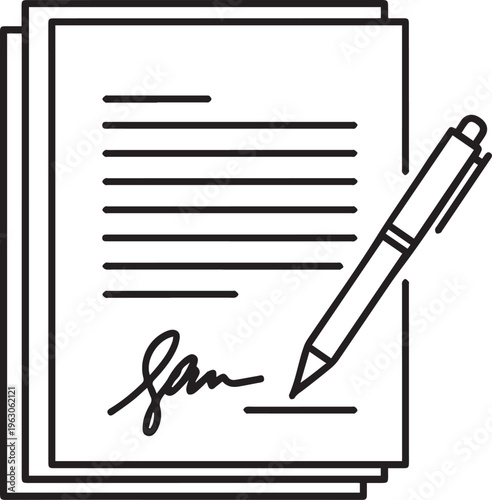 A stack of important paper documents being signed with a pen by a business person isolated on transparent background, Vector, illustration