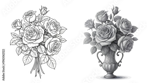 Detailed grayscale illustration depicts two arrangements of roses one bundled and one in a vase