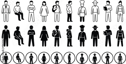 Set of thirty black vector people icons featuring diverse professions and casual poses in outline silhouette and circle styles for UI graphic design projects