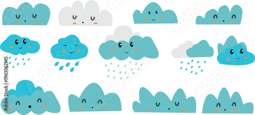Cute Cloud Icons, Weather Symbols, Cartoon Clouds, Rain Cloud Graphics, Blue Cloud Illustrations