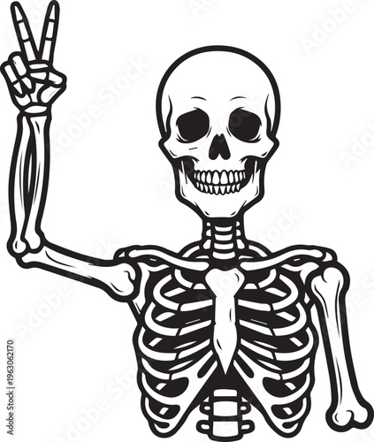 A happy skeleton showing a peace sign hand gesture while smiling at the camera viewer today isolated on transparent background, Vector, illustration